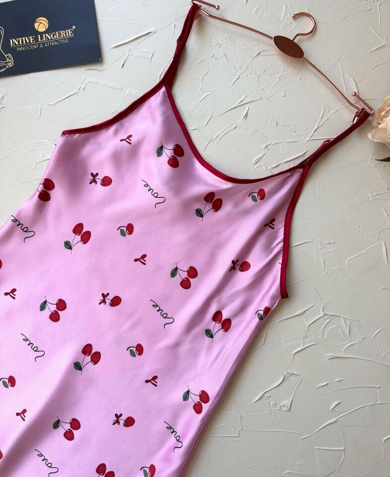 Pembe -Love- Yazılı Kiraz Desenli İnce Askılı Mini Gecelik/Babydoll -3649 Pembe - S