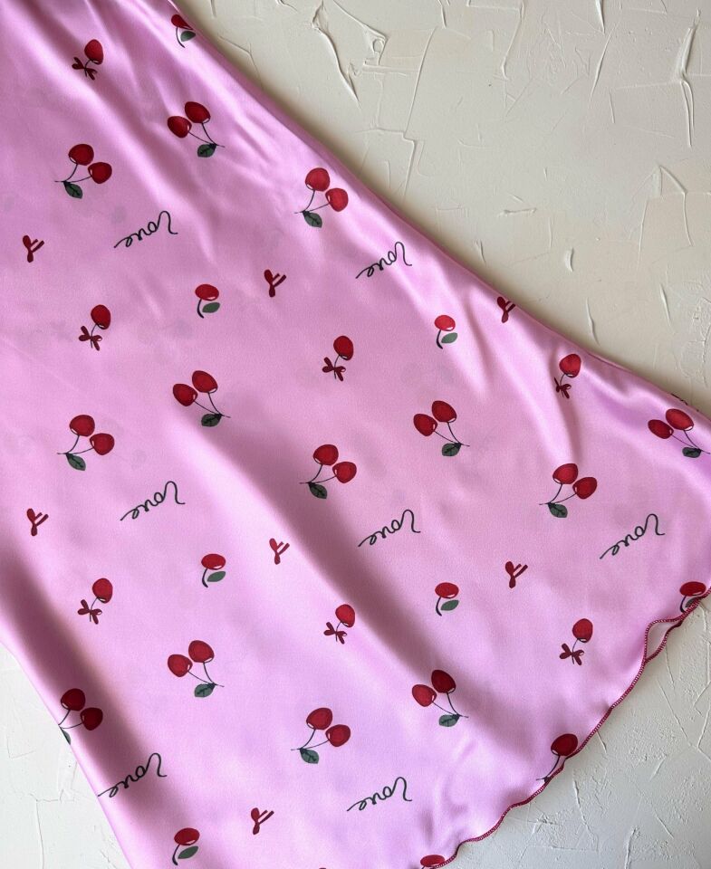 Pembe -Love- Yazılı Kiraz Desenli İnce Askılı Mini Gecelik/Babydoll -3649 Pembe - S