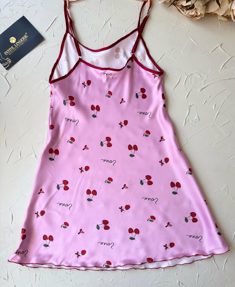 Pembe -Love- Yazılı Kiraz Desenli İnce Askılı Mini Gecelik/Babydoll -3649 Pembe - S