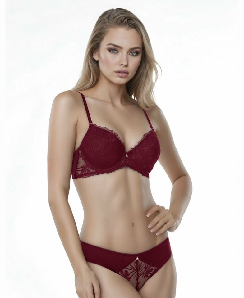 Le Jardin Parlak Simli İpli Brodeli Push-up Sütyen Külot Takım-5065 Bordo - 75B