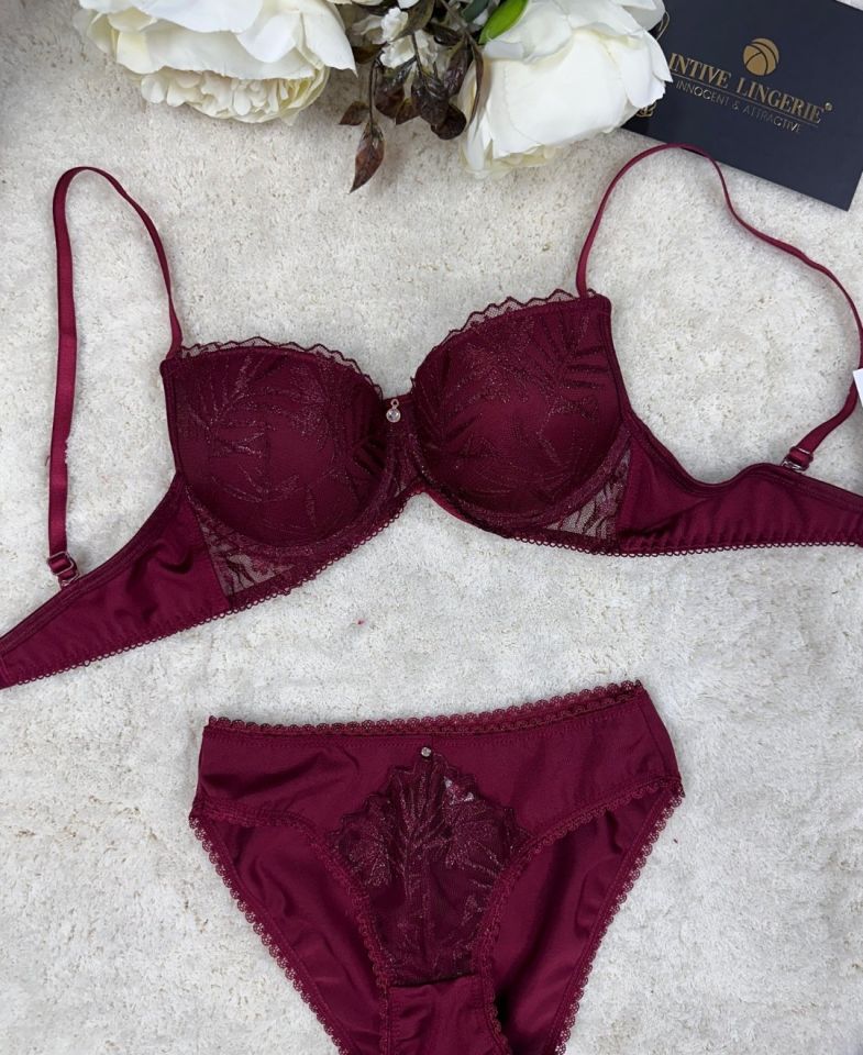 Le Jardin Parlak Simli İpli Brodeli Push-up Sütyen Külot Takım-5065 Bordo - 85B
