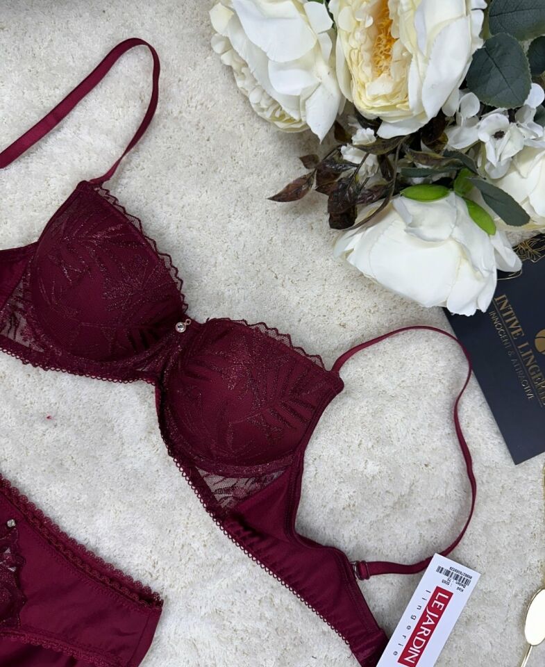Le Jardin Parlak Simli İpli Brodeli Push-up Sütyen Külot Takım-5065 Bordo - 85B