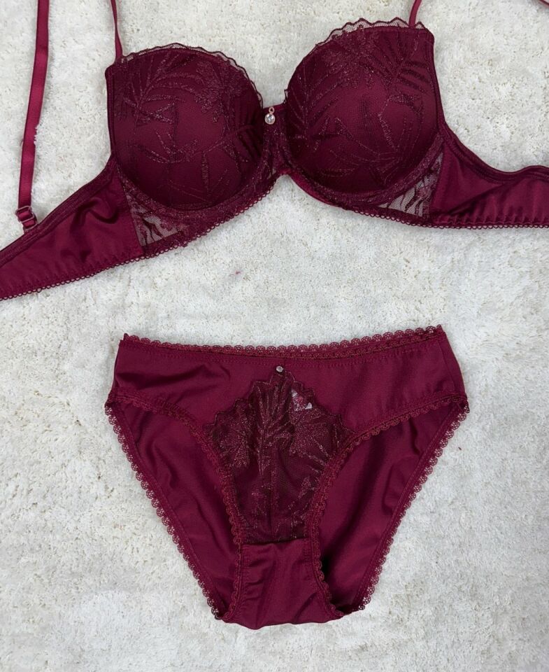 Le Jardin Parlak Simli İpli Brodeli Push-up Sütyen Külot Takım-5065 Bordo - 85B