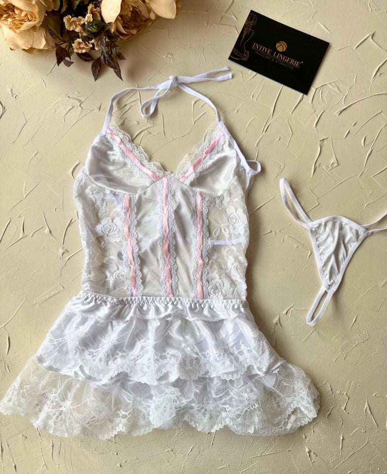 Intive Fantasy Dantelli Sırt Dekolteli Önü Saten Dantelli Fırfırlı Mini Etekli Babydoll Beyaz - S/M