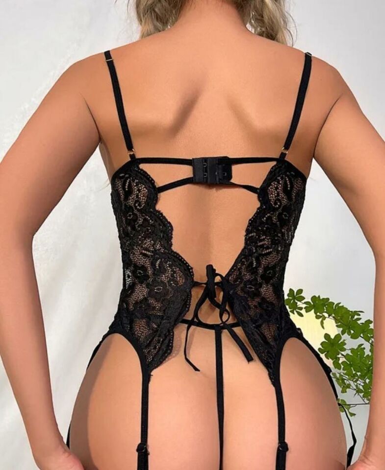 Kadın Yumuşak Dantel Jartiyerli Bodysuit Tanga Bacak Aksesuarı Takım- 8460 Siyah - XL