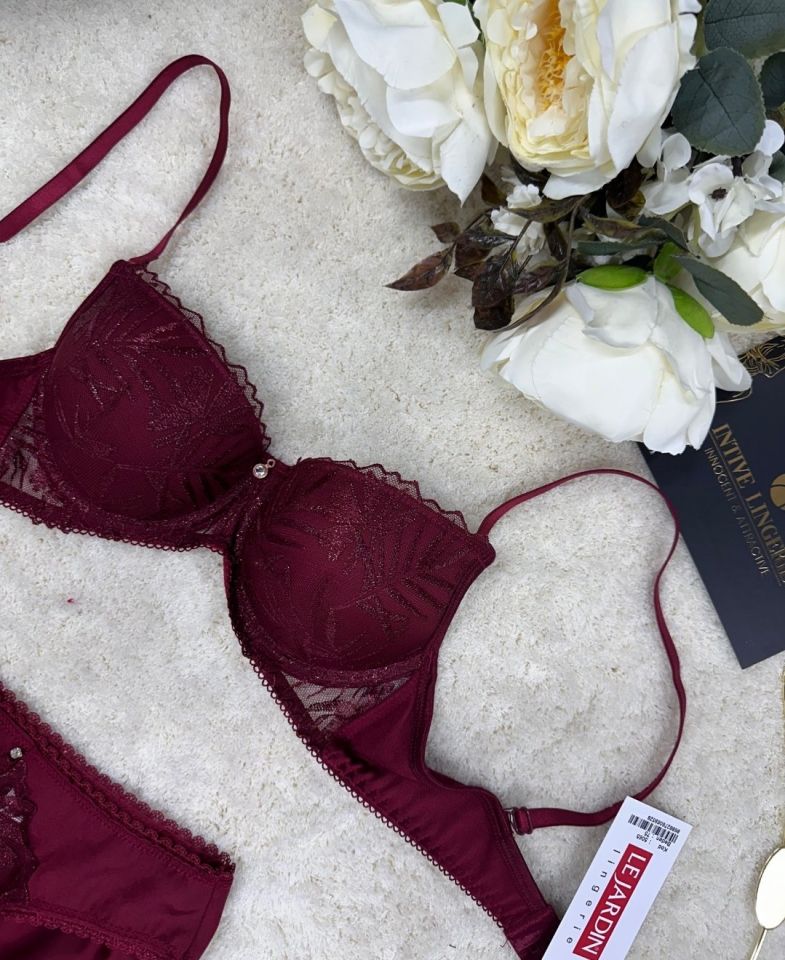 Le Jardin Parlak Simli İpli Brodeli Push-up Sütyen Külot Takım-5065 Bordo - 90B