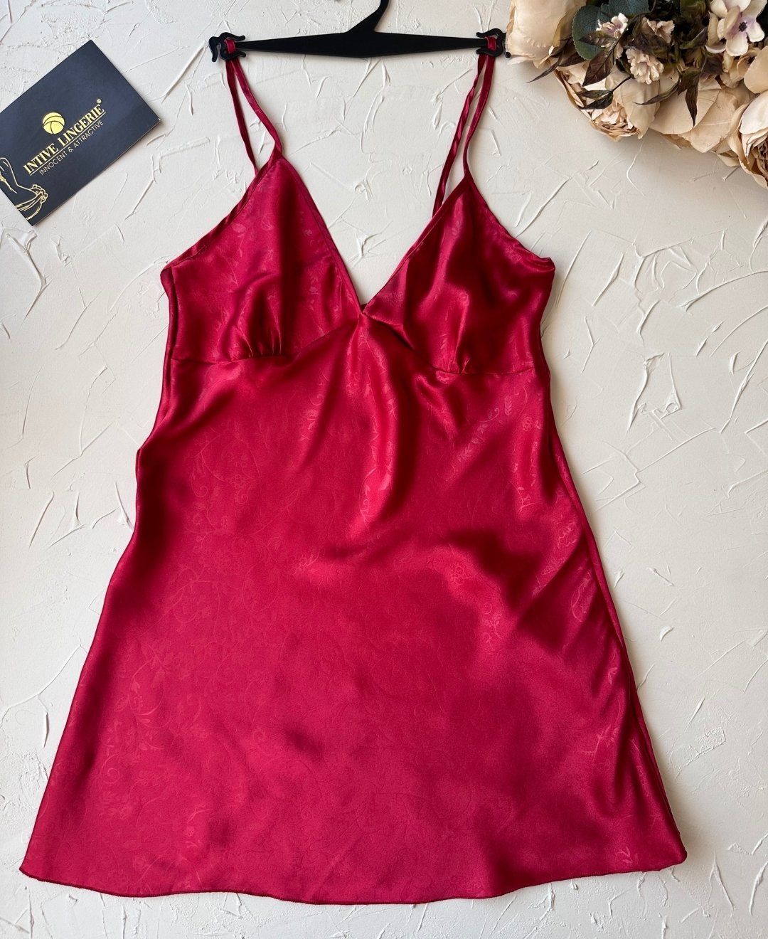 Derin V Yaka Bordo Vintage Desenli İnce Askılı Mini Gecelik/Babydoll -3651 Bordo - S