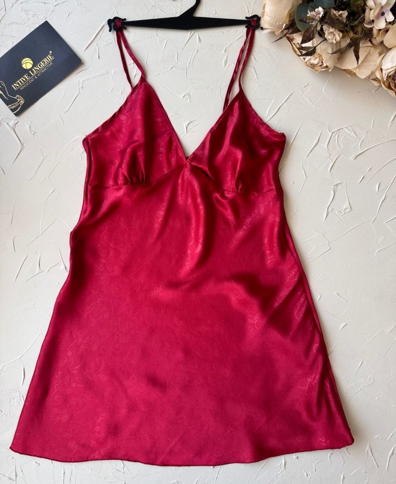 Derin V Yaka Bordo Vintage Desenli İnce Askılı Mini Gecelik/Babydoll -3651 Bordo - S