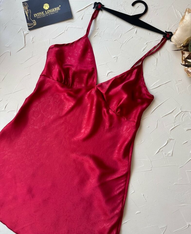 Derin V Yaka Bordo Vintage Desenli İnce Askılı Mini Gecelik/Babydoll -3651 Bordo - S