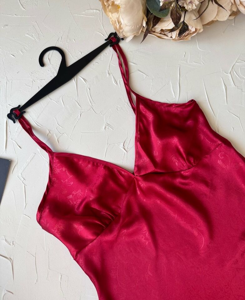 Derin V Yaka Bordo Vintage Desenli İnce Askılı Mini Gecelik/Babydoll -3651 Bordo - S