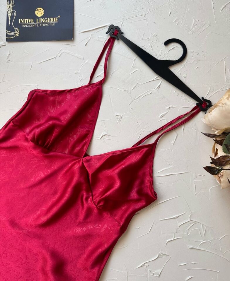 Derin V Yaka Bordo Vintage Desenli İnce Askılı Mini Gecelik/Babydoll -3651 Bordo - S