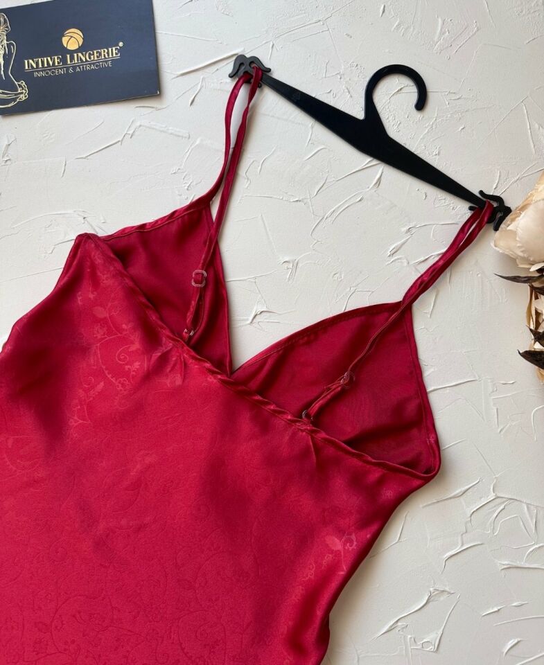 Derin V Yaka Bordo Vintage Desenli İnce Askılı Mini Gecelik/Babydoll -3651 Bordo - S
