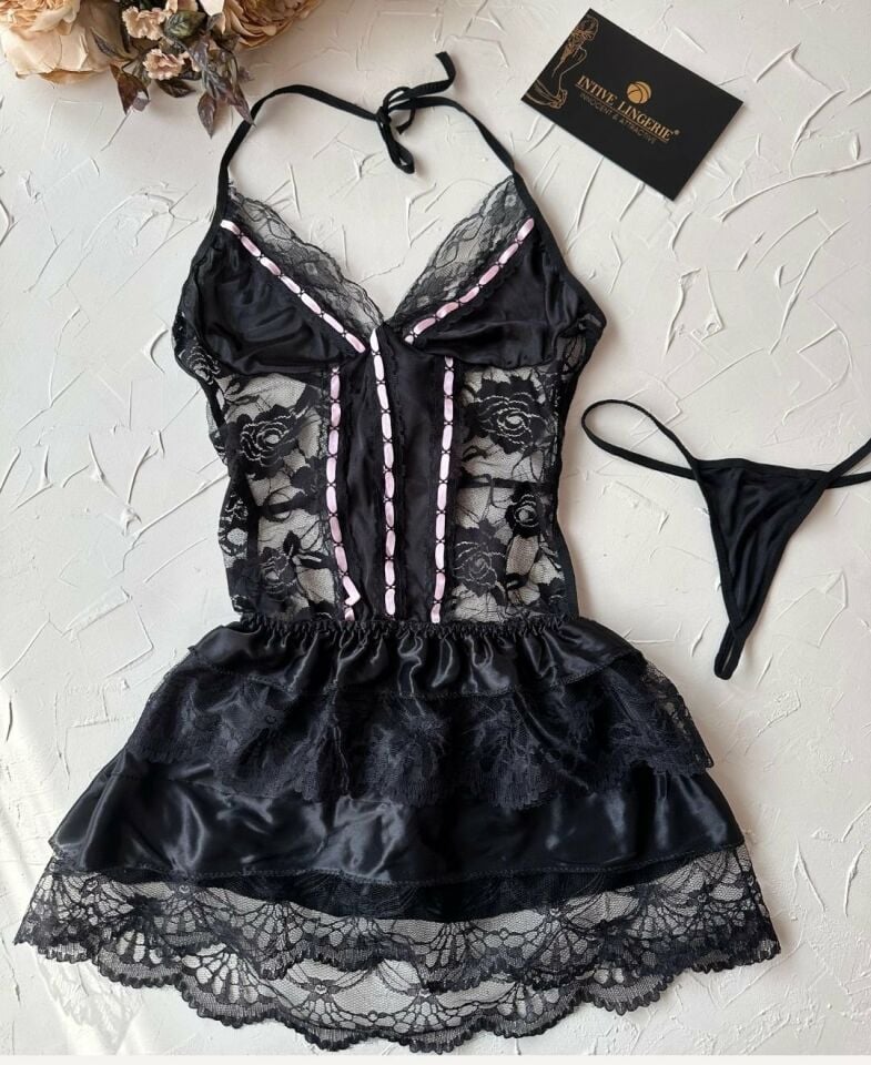 Intive Fantasy Dantelli Sırt Dekolteli Önü Saten Dantelli Fırfırlı Mini Etekli Babydoll Siyah - S/M