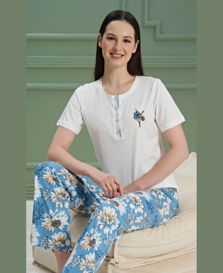 Poleren Modal Kumaş Rahat Gömlek Pantolon/Sıfır Yaka Desenli Düz Battal Pijama Takımları Mavi/Beyaz - L