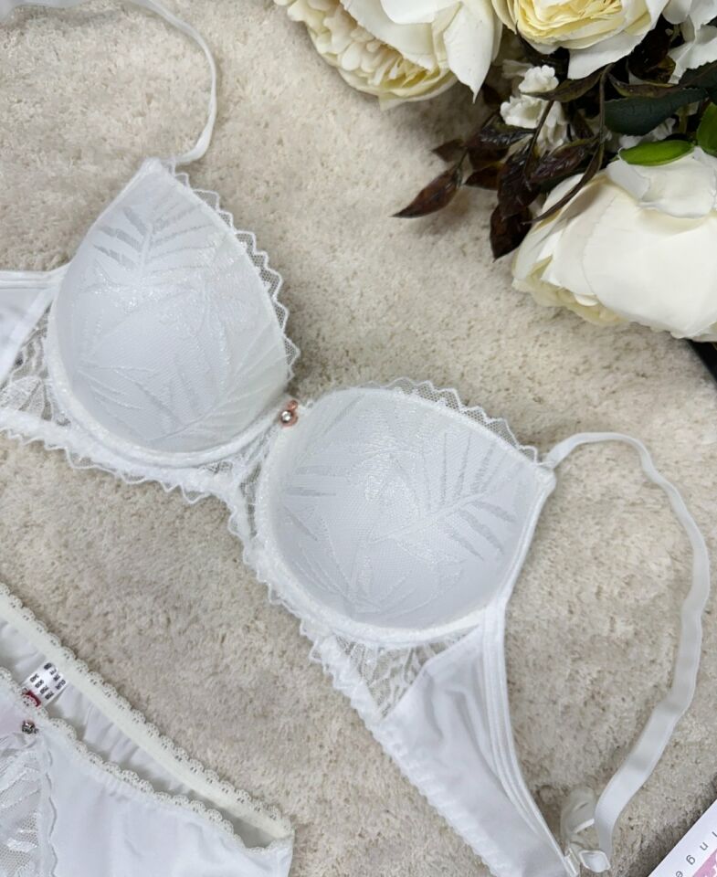 Le Jardin Parlak Simli İpli Brodeli Push-up Sütyen Külot Takım-5065 Ekru - 80B