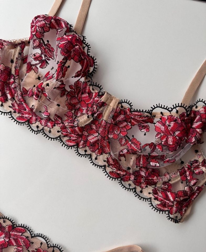 Sakura Pembe/Bej Çiçekli Balenli Transparan Sütyen Takım Pembe - 75B
