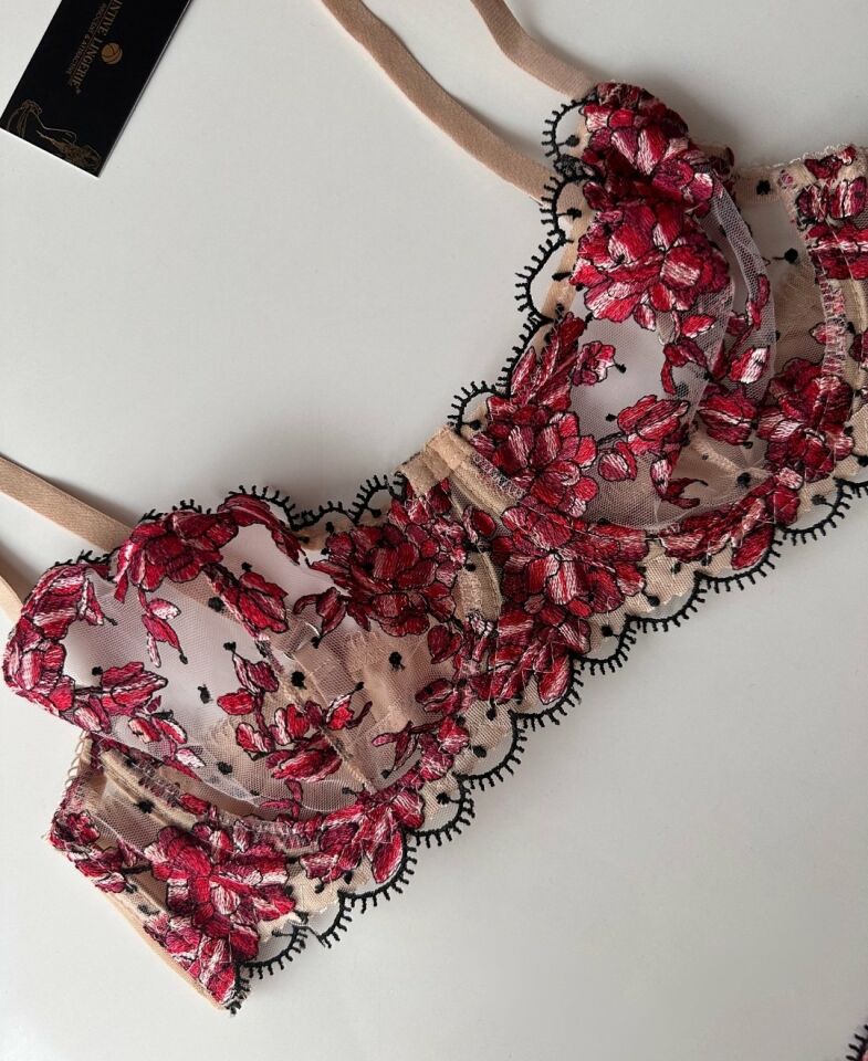 Sakura Pembe/Bej Çiçekli Balenli Transparan Sütyen Takım Pembe - 75B