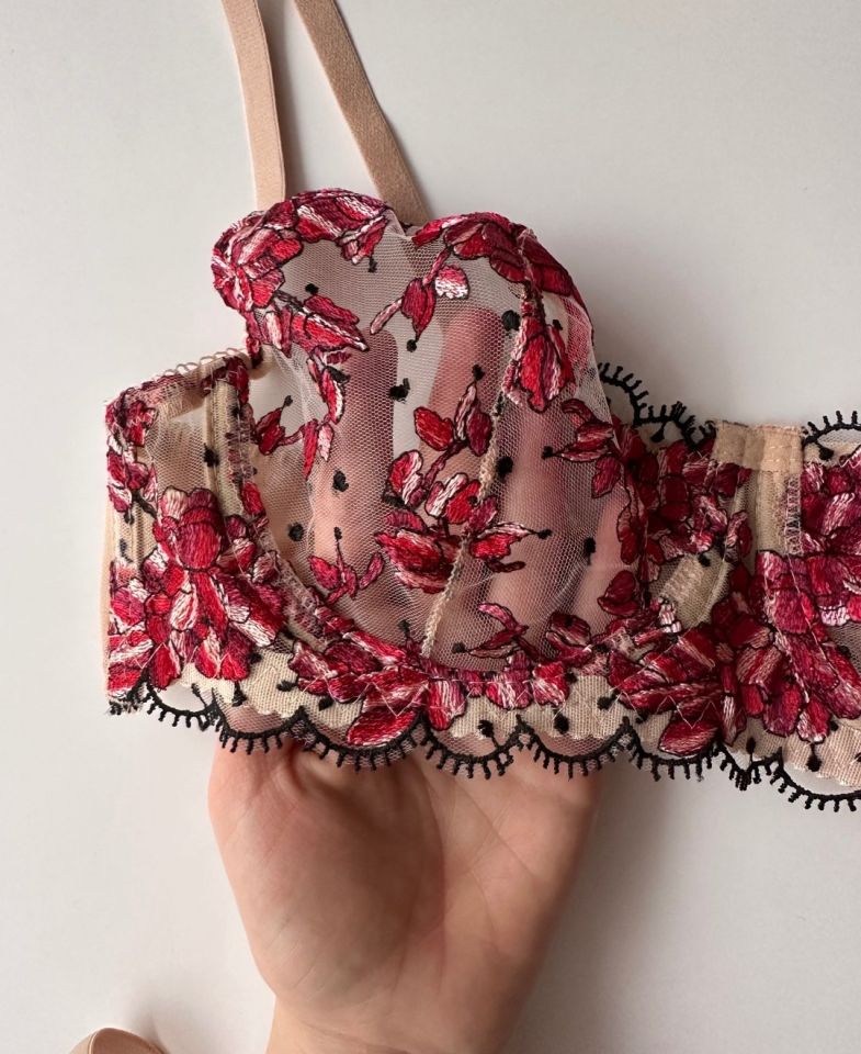Sakura Pembe/Bej Çiçekli Balenli Transparan Sütyen Takım Pembe - 80B