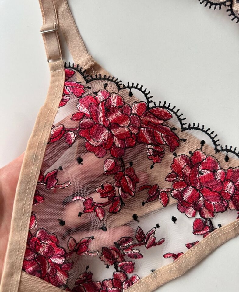 Sakura Pembe/Bej Çiçekli Balenli Transparan Sütyen Takım Pembe - 80B