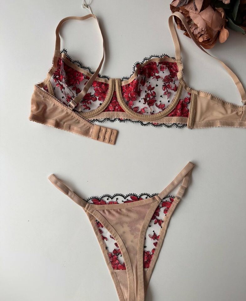 Sakura Pembe/Bej Çiçekli Balenli Transparan Sütyen Takım Pembe - 80B