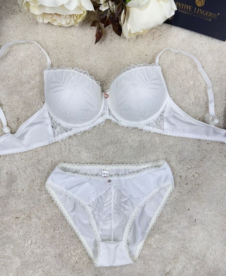 Le Jardin Parlak Simli İpli Brodeli Push-up Sütyen Külot Takım-5065 Ekru - 90B