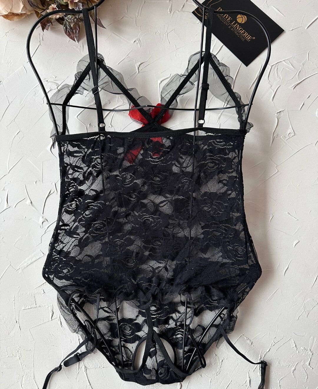 Intive Fantasy Dantel Göğsü ve Özel Bölgesi Açık Jartiyerli Bodysuit (ÇORAPSIZ) Siyah - S/M
