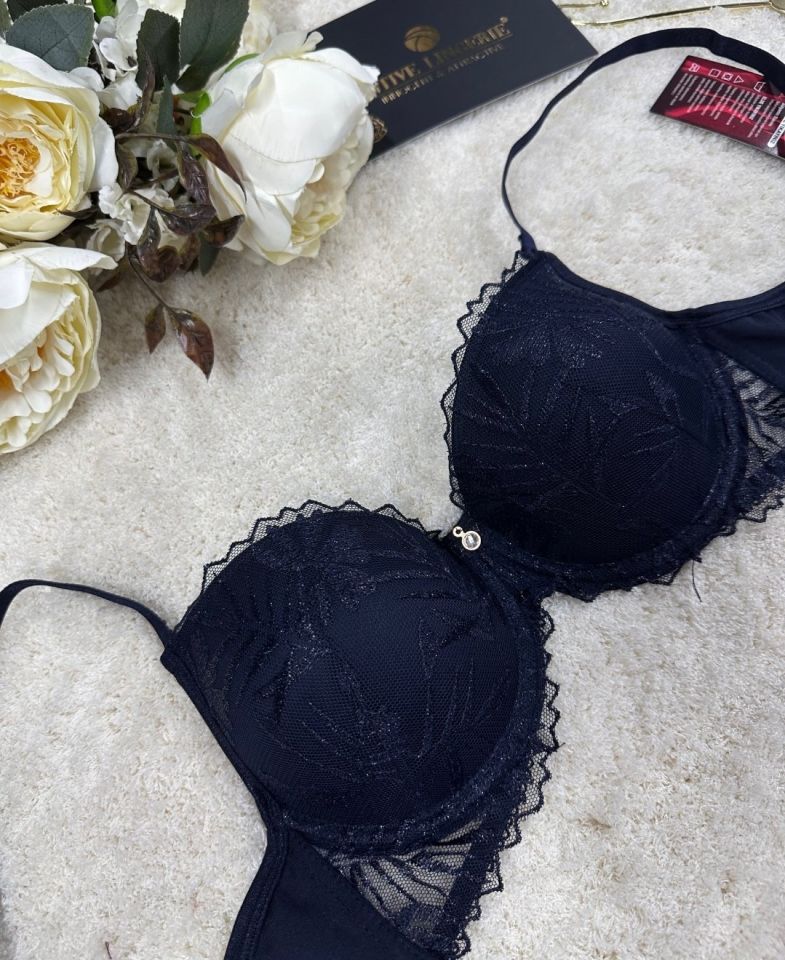 Le Jardin Parlak Simli İpli Brodeli Push-up Sütyen Külot Takım-5065 Lacivert - 75B