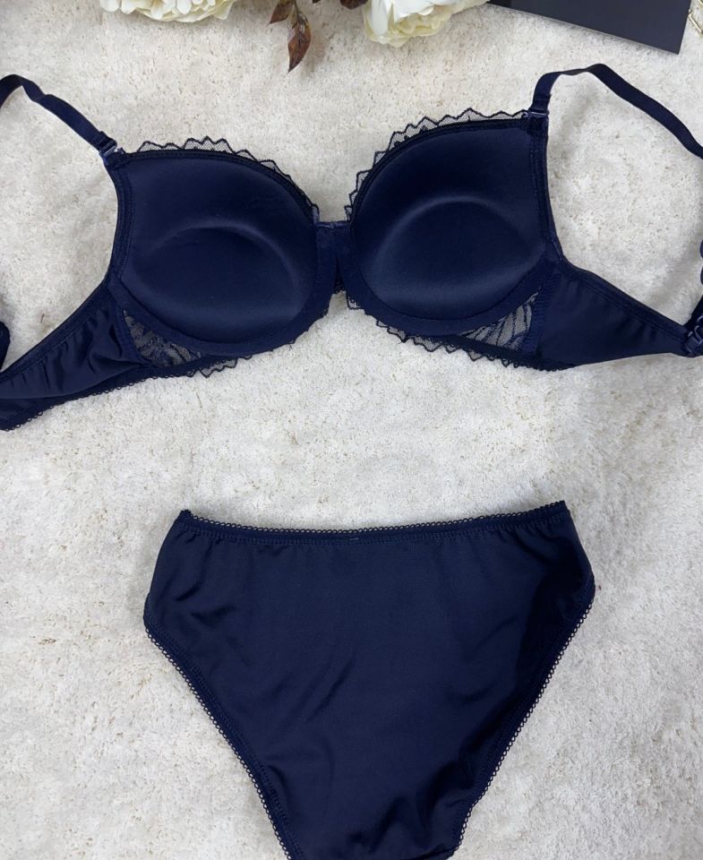 Le Jardin Parlak Simli İpli Brodeli Push-up Sütyen Külot Takım-5065 Lacivert - 75B