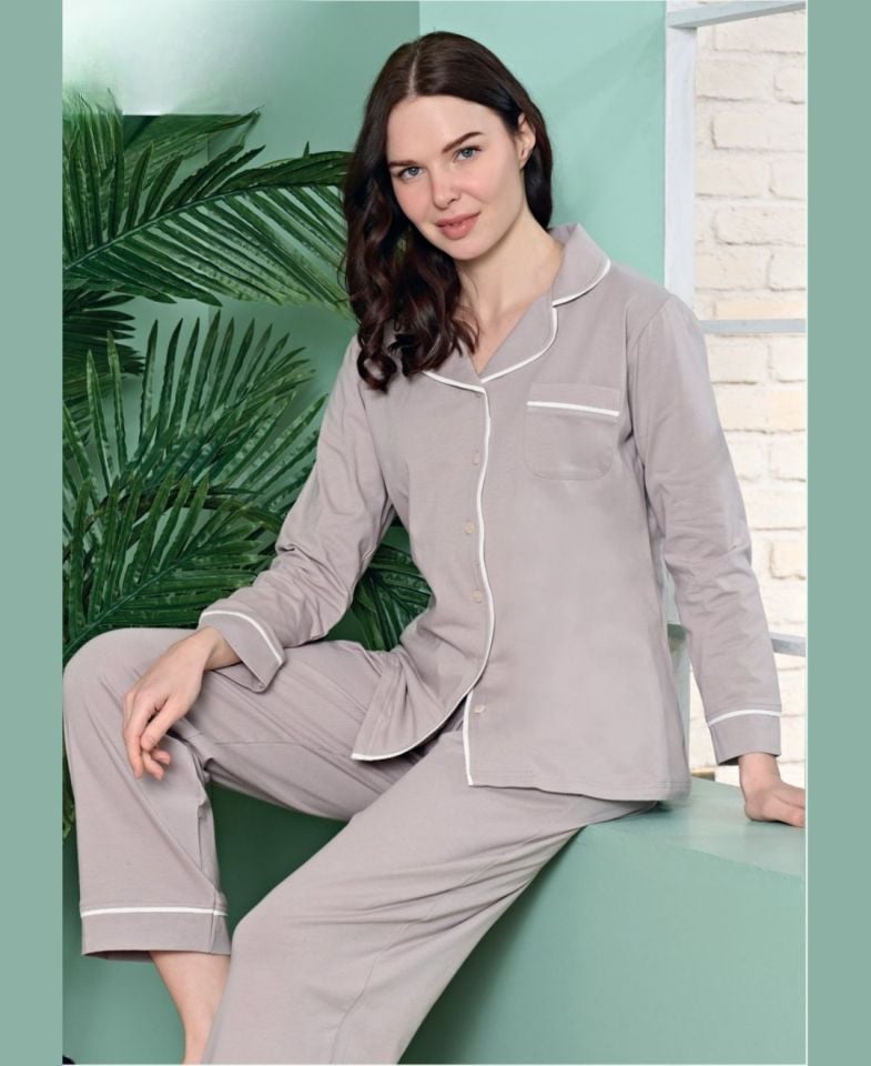 Poleren Modal Kumaş Rahat Gömlek Pantolon/Sıfır Yaka Desenli Düz Battal Pijama Takımları Vizon - XL