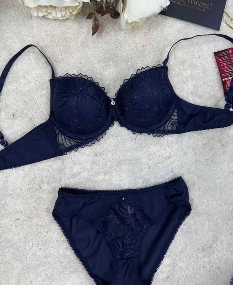 Le Jardin Parlak Simli İpli Brodeli Push-up Sütyen Külot Takım-5065 Lacivert - 85B
