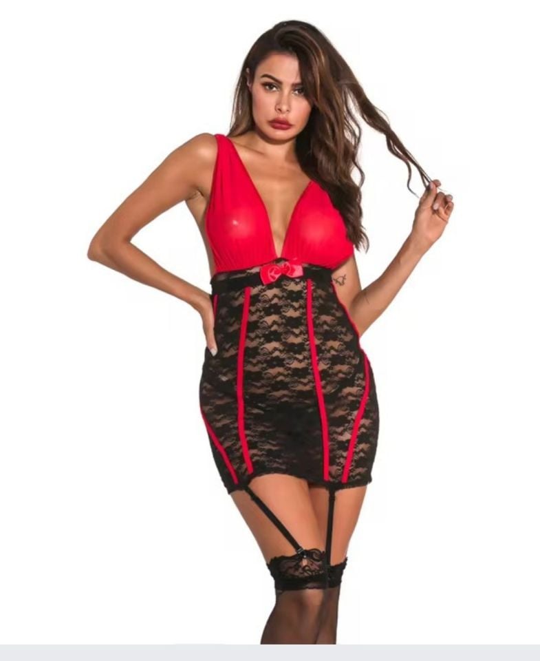 Intive Fantasy Jartiyerli Dantelli Göğsü Transparan Tül Mini Babydoll/Gecelik Siyah/Kırmızı - S/M
