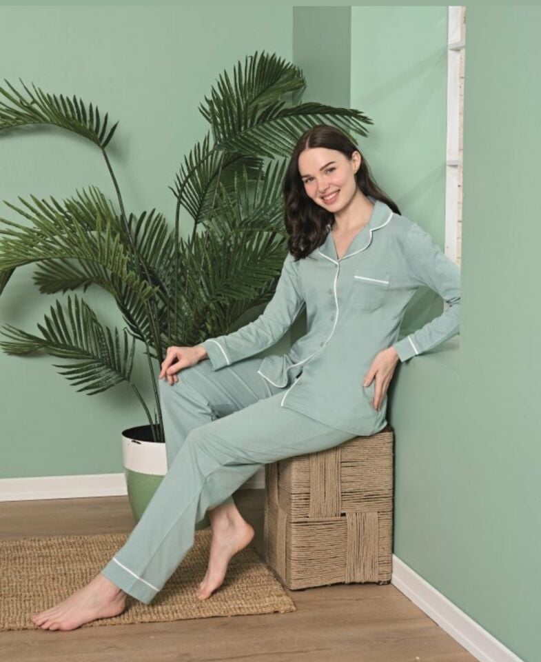 Poleren Modal Kumaş Rahat Gömlek Pantolon/Sıfır Yaka Desenli Düz Battal Pijama Takımları Mint/Beyaz - XL