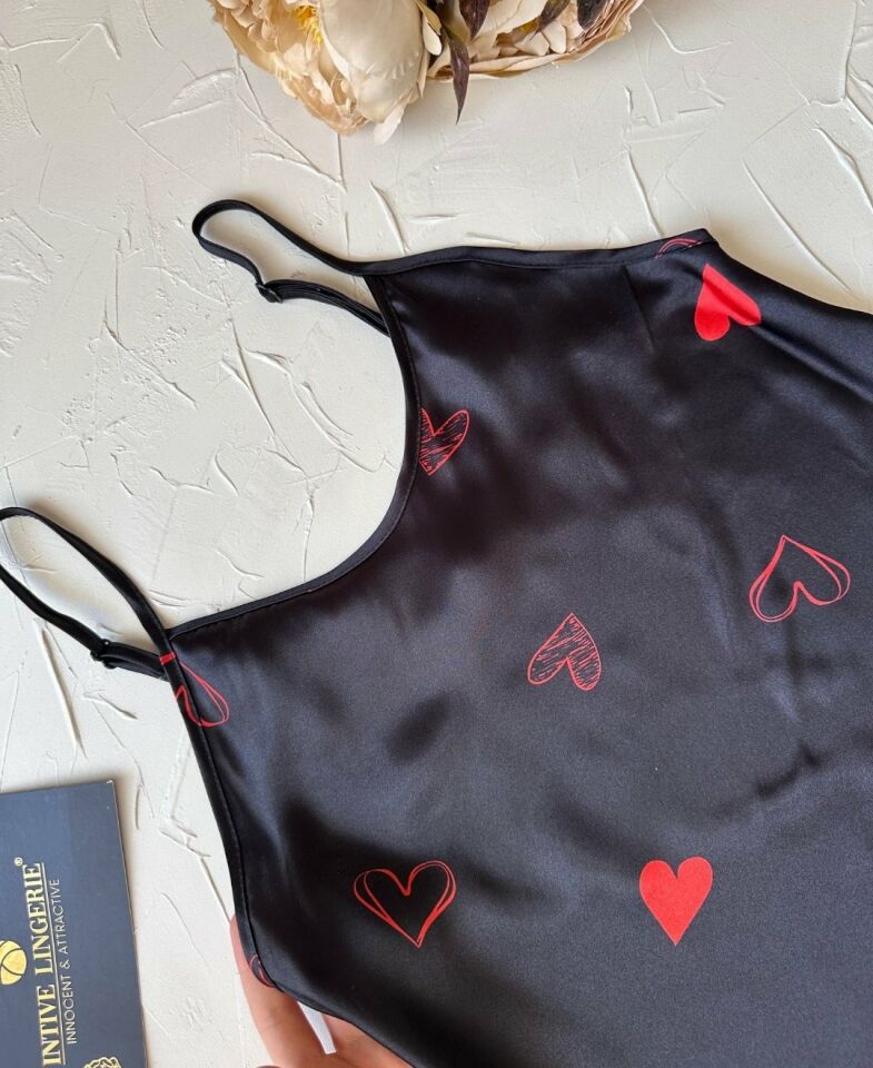 U Yaka Siyah Kırmızı Kalp Desenli İnce Askılı Mini Gecelik/Babydoll -3648 Siyah - S