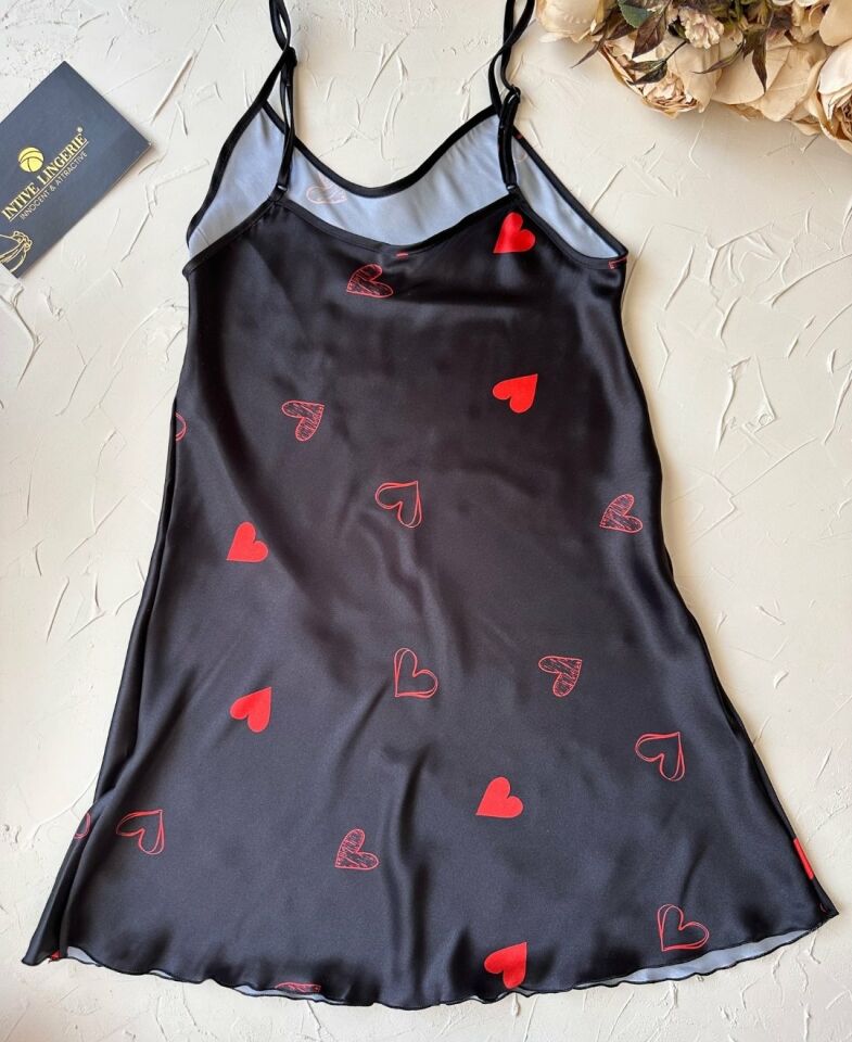 U Yaka Siyah Kırmızı Kalp Desenli İnce Askılı Mini Gecelik/Babydoll -3648 Siyah - S