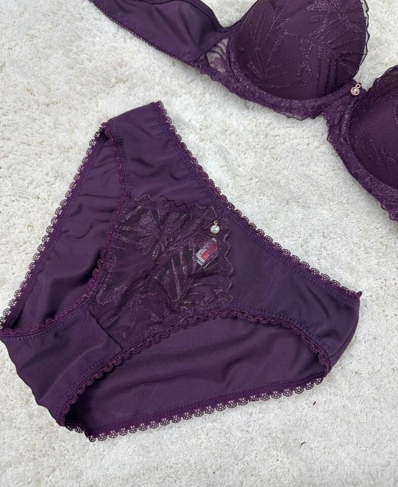 Le Jardin Parlak Simli İpli Brodeli Push-up Sütyen Külot Takım-5065 Mürdüm - 85B