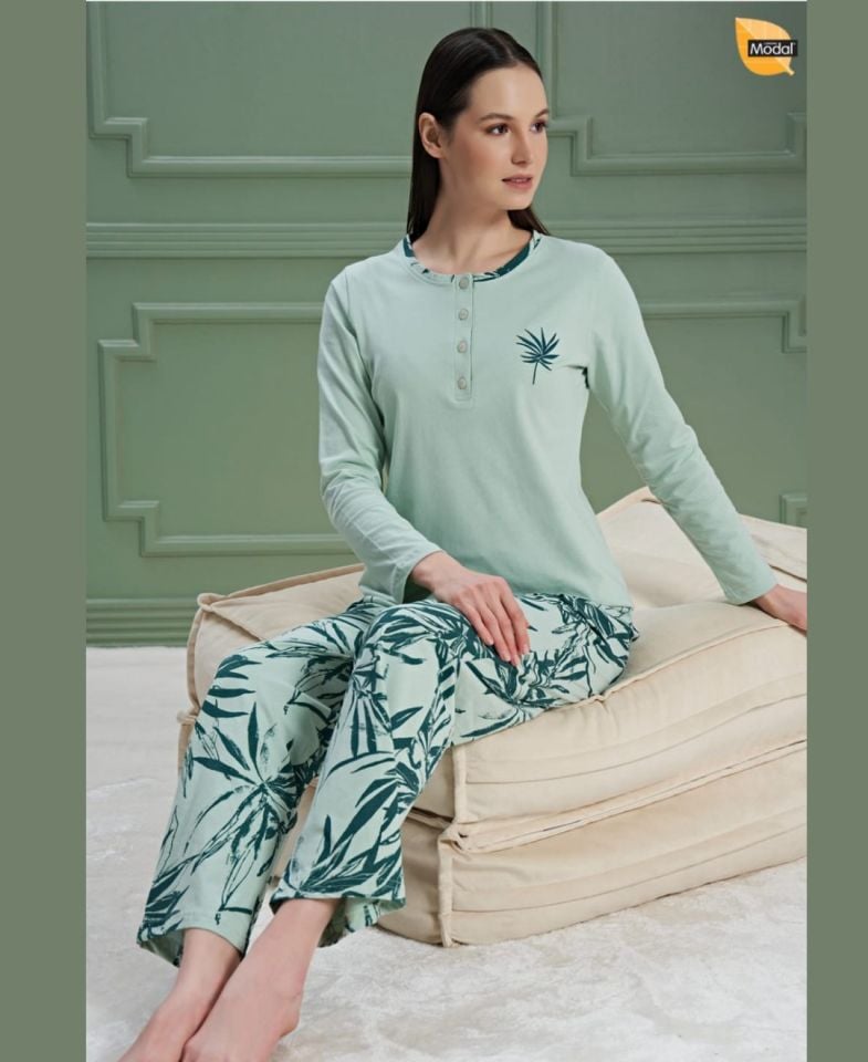 Poleren Modal Kumaş Rahat Gömlek Pantolon/Sıfır Yaka Desenli Düz Battal Pijama Takımları Açık Yeşil - 2XL