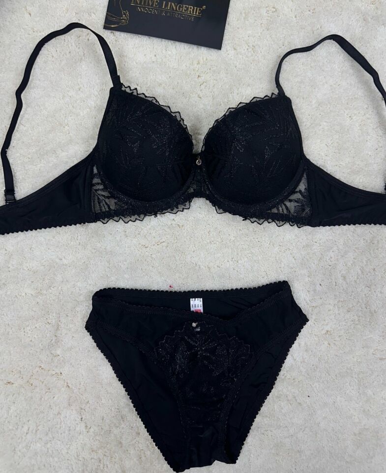 Le Jardin Parlak Simli İpli Brodeli Push-up Sütyen Külot Takım-5065 Siyah - 75B
