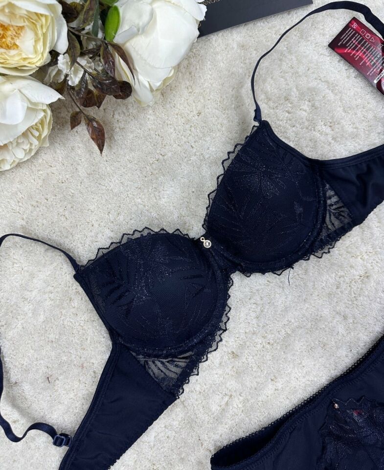 Le Jardin Parlak Simli İpli Brodeli Push-up Sütyen Külot Takım-5065 Siyah - 80B