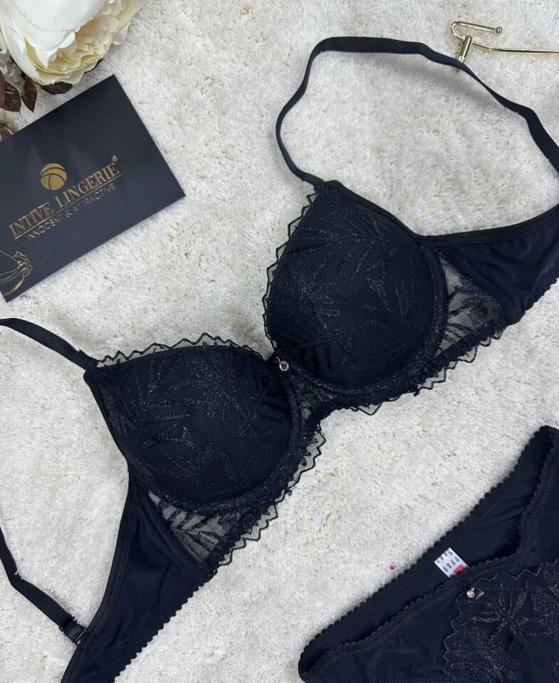 Le Jardin Parlak Simli İpli Brodeli Push-up Sütyen Külot Takım-5065 Siyah - 80B