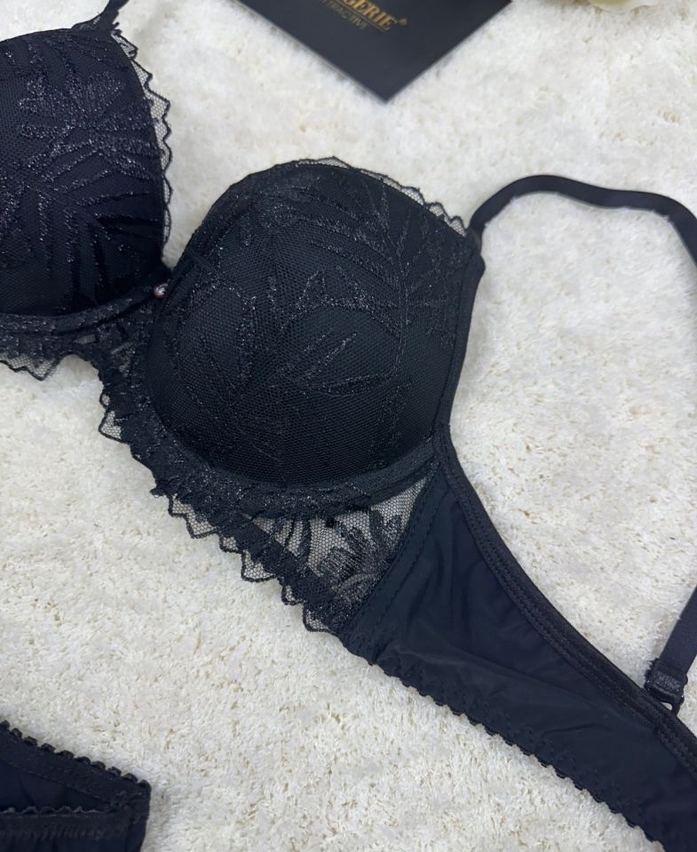 Le Jardin Parlak Simli İpli Brodeli Push-up Sütyen Külot Takım-5065 Siyah - 80B