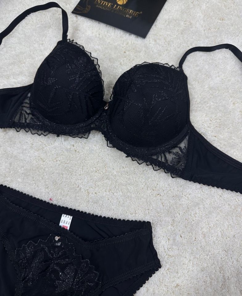 Le Jardin Parlak Simli İpli Brodeli Push-up Sütyen Külot Takım-5065 Siyah - 80B