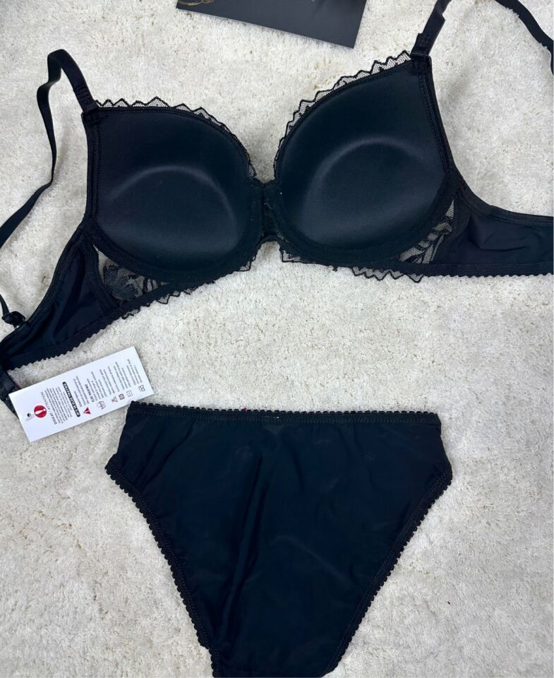 Le Jardin Parlak Simli İpli Brodeli Push-up Sütyen Külot Takım-5065 Siyah - 80B