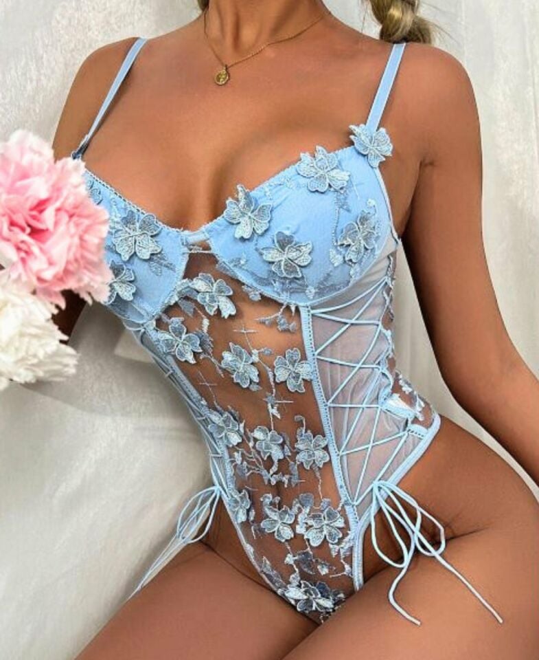 Sexy Flower Kadın Çiçek Desenli Transparan Bodysuit Mavi - XL