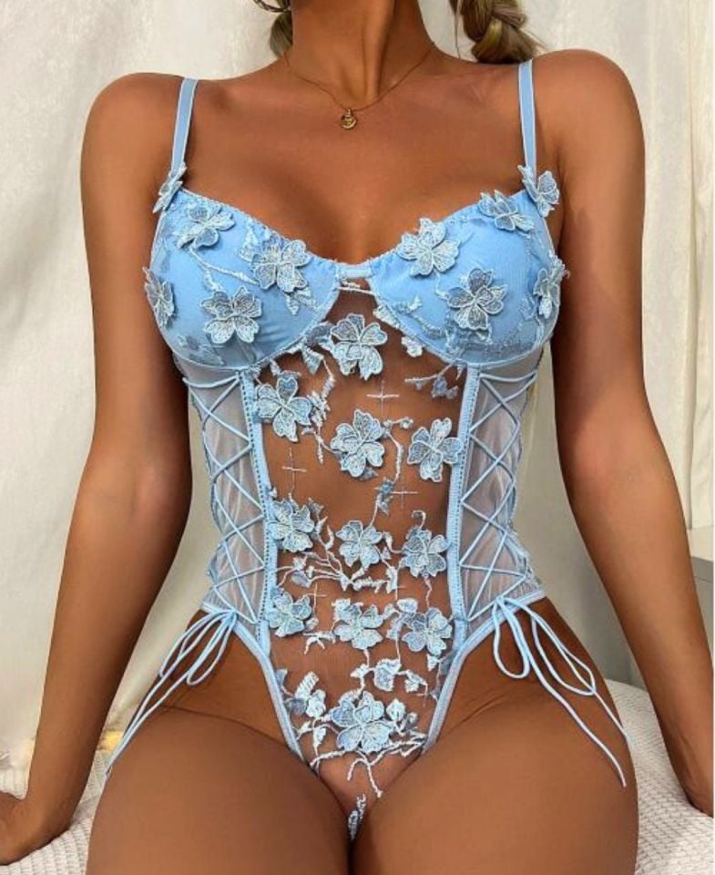 Sexy Flower Kadın Çiçek Desenli Transparan Bodysuit Mavi - XL