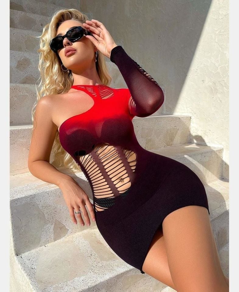Vivaldy Siyah Kırmızı Cut-out Detaylı Tek Omuz Vücut Çorabı/Elbise -4505