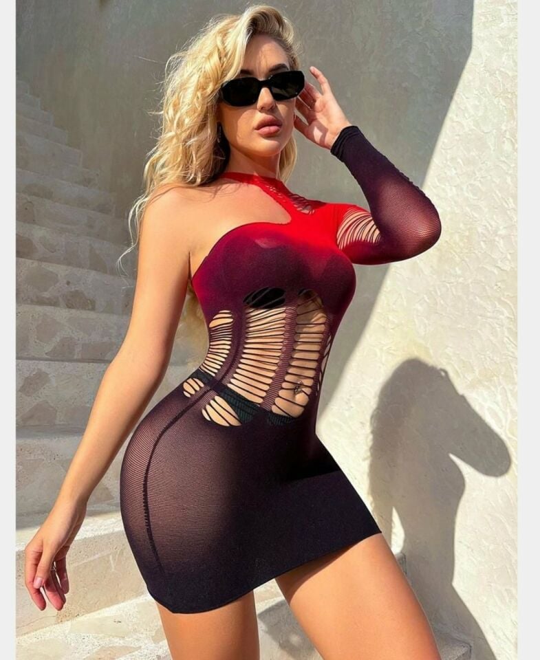 Vivaldy Siyah Kırmızı Cut-out Detaylı Tek Omuz Vücut Çorabı/Elbise -4505