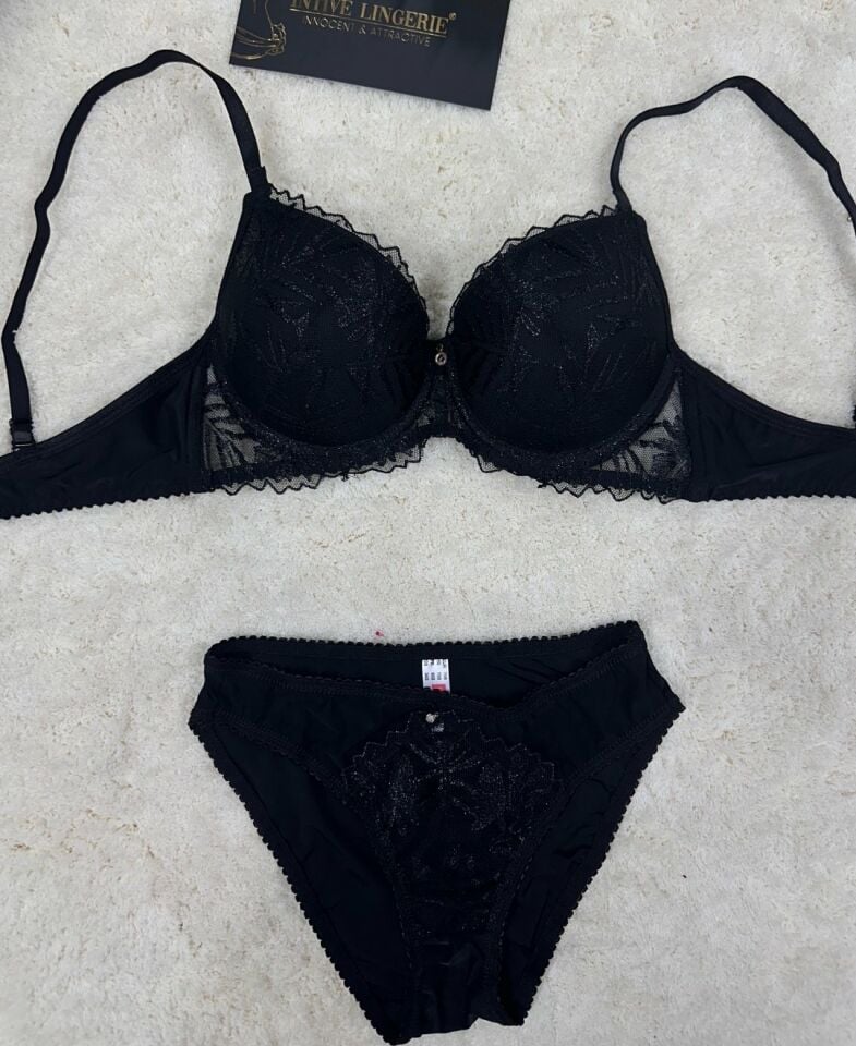 Le Jardin Parlak Simli İpli Brodeli Push-up Sütyen Külot Takım-5065 Siyah - 90B