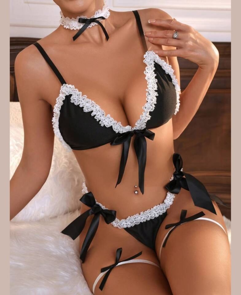 Siyah Beyaz Güpür Dantelli Boyun ve Bacak Aksesuarlı Kurdeleli Sütyen Takım -7038 Siyah/Beyaz - L/XL