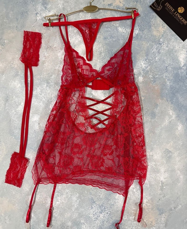 Intive Fantasy Önü Çapraz Dantelli El Kelepçeli Jartiyerli Bodysuit (Pembe-Siyah-Kırmızı)-ÇORAPSIZ Pembe - Standart