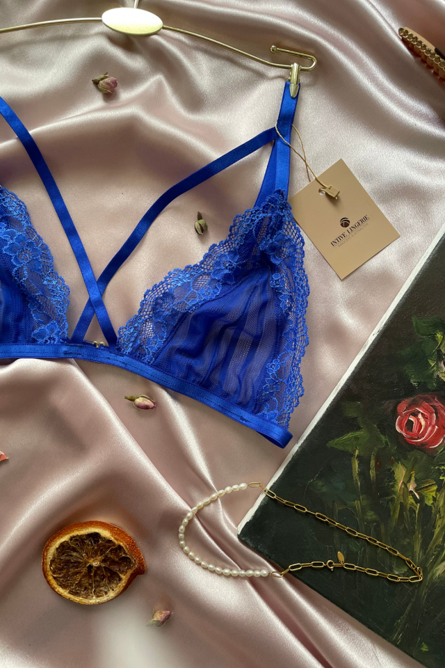 Kadın Yaka Detaylı Saks Mavisi/Lacivert Dantel Detaylı Seksi Bralet - Nova Saks Mavisi - S/M